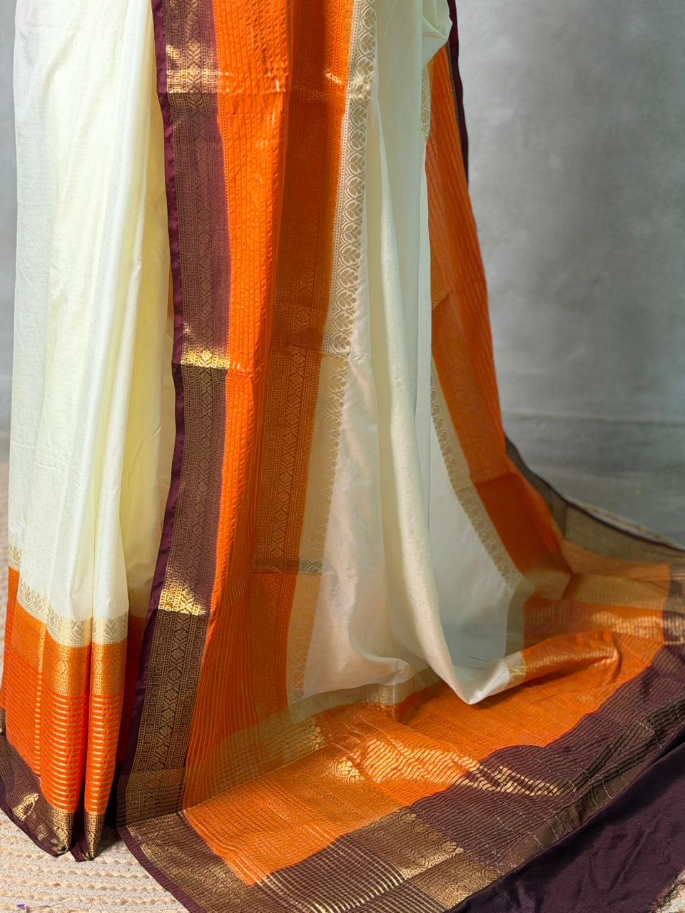 Sandal and orange crepe silk saree- GAL11