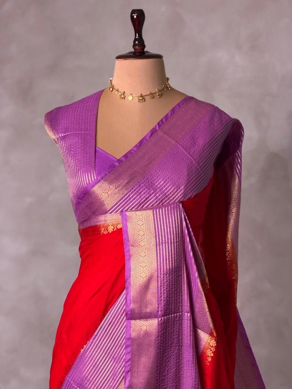 Red and dark lavender crepe silk saree- GAL11D
