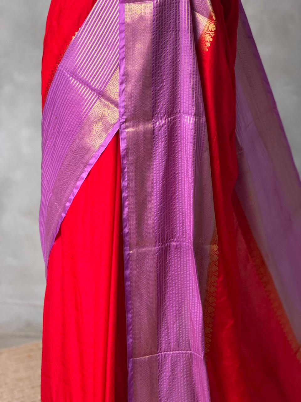 Red and dark lavender crepe silk saree- GAL11D