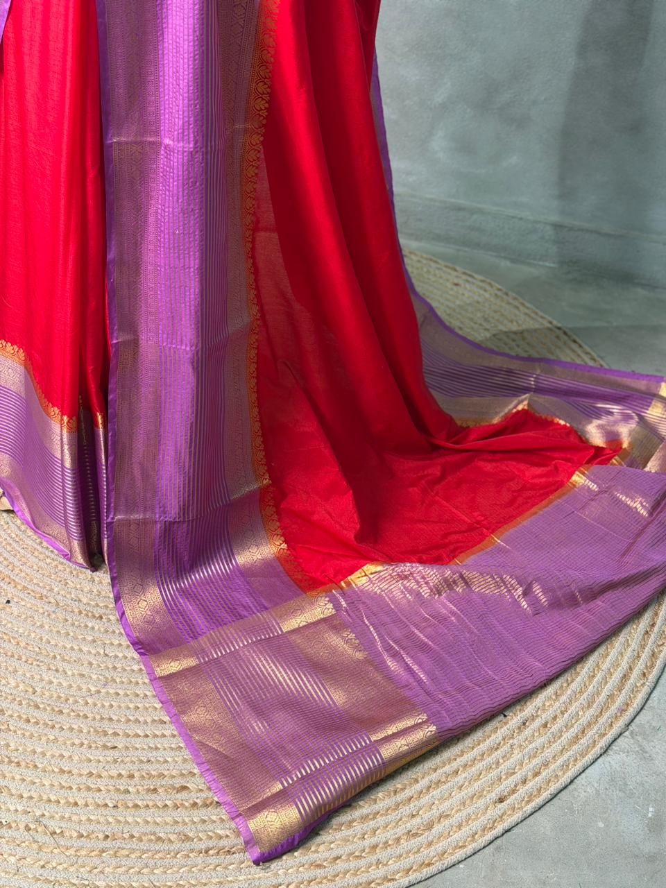 Red and dark lavender crepe silk saree- GAL11D