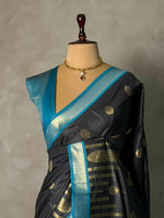 Black and Peacock blue silk saree - PBR24B