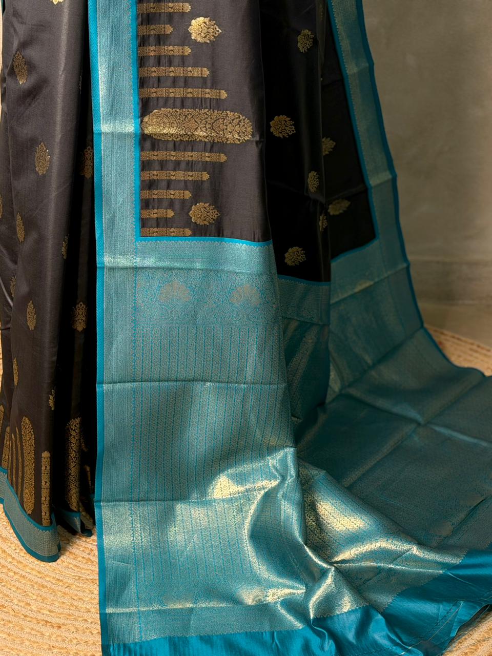 Black and Peacock blue silk saree - PBR24B
