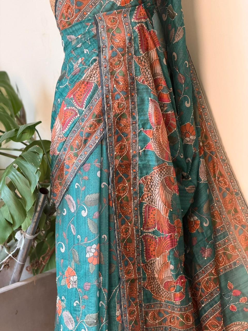 Peacock Green mul chanderi saree- PBR26E