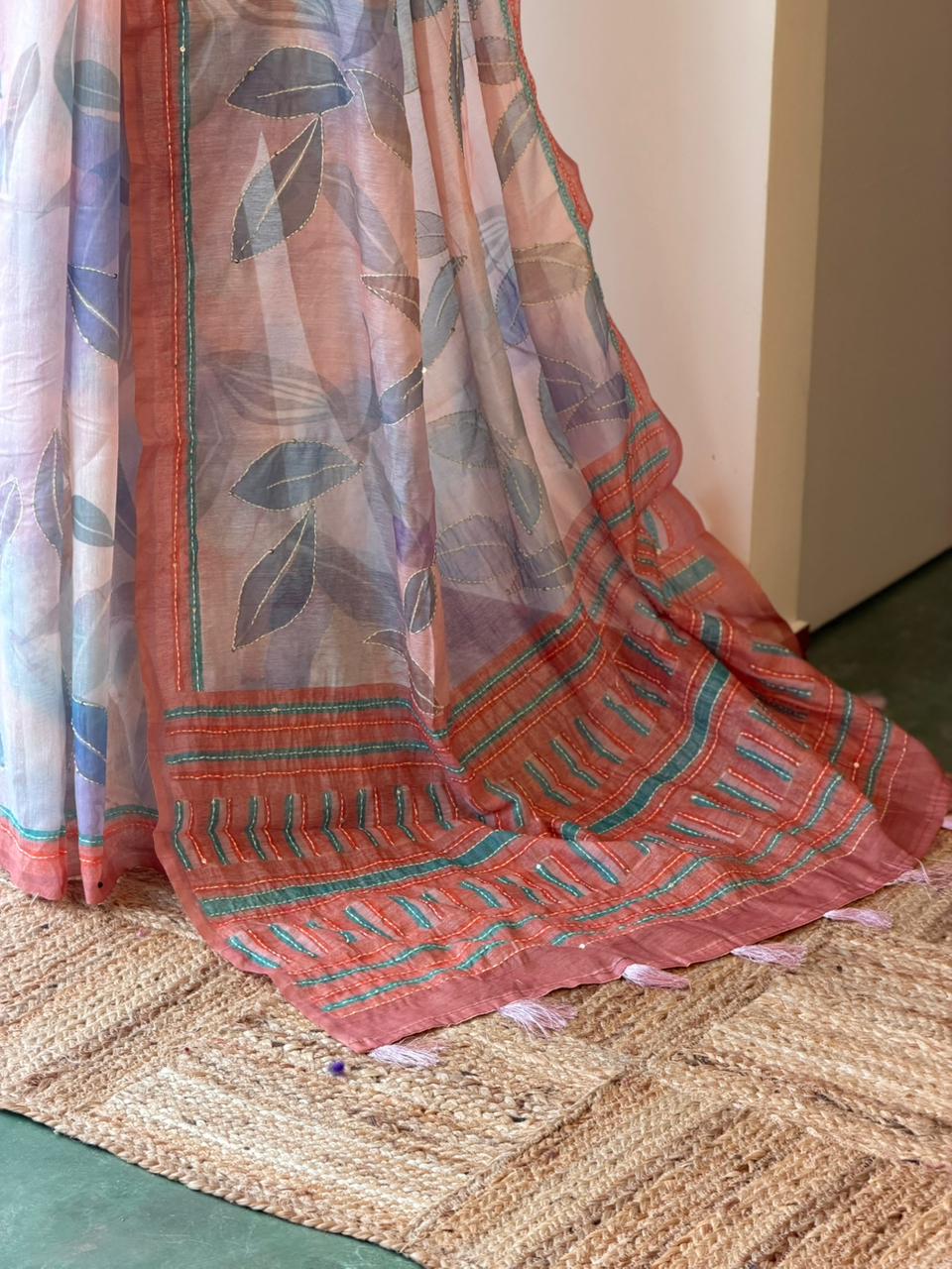 Pastal Peach Pink mul chanderi saree- PBR26I