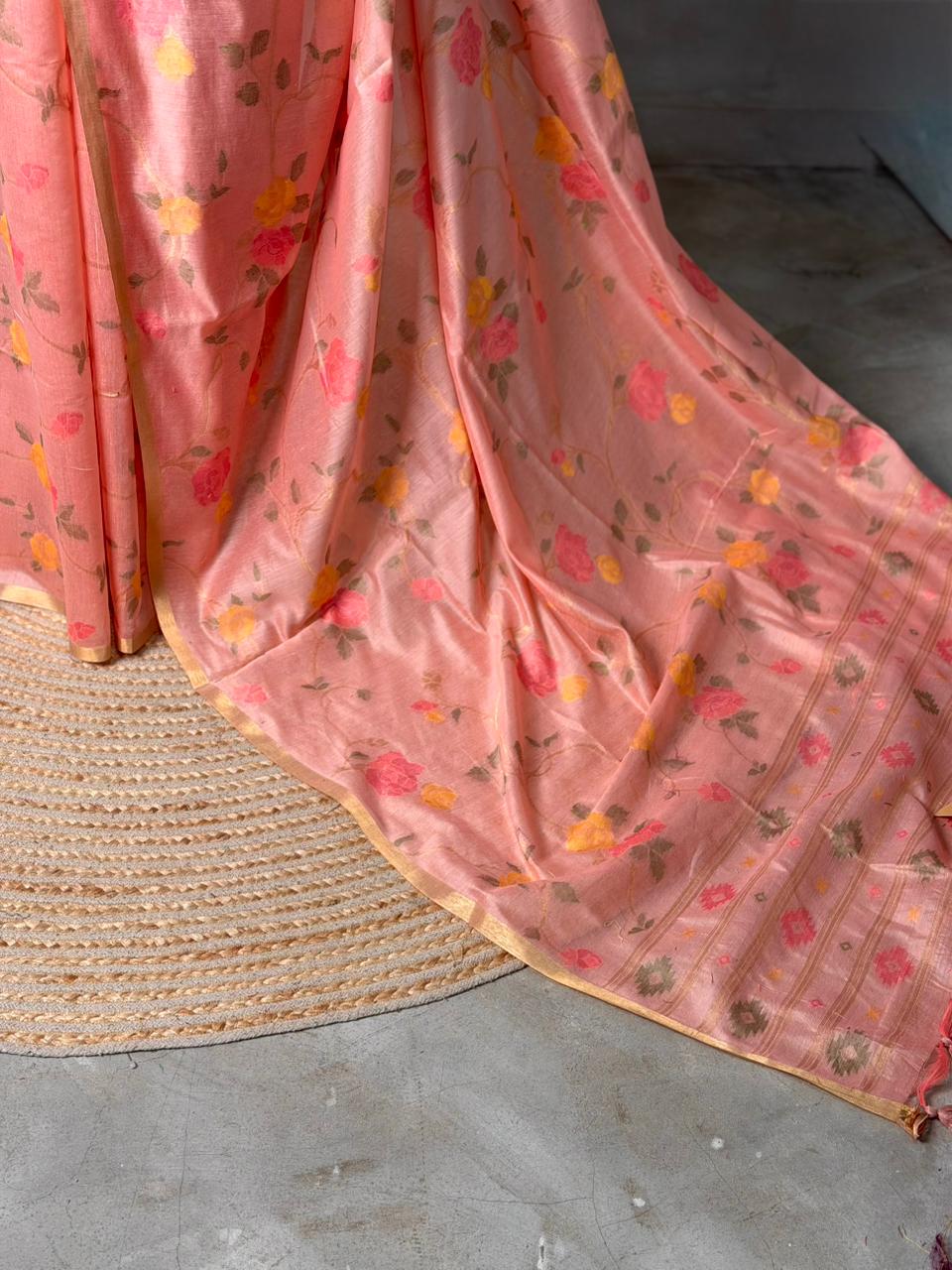 Peach Jamdani Silk cotton saree- PBR4N2