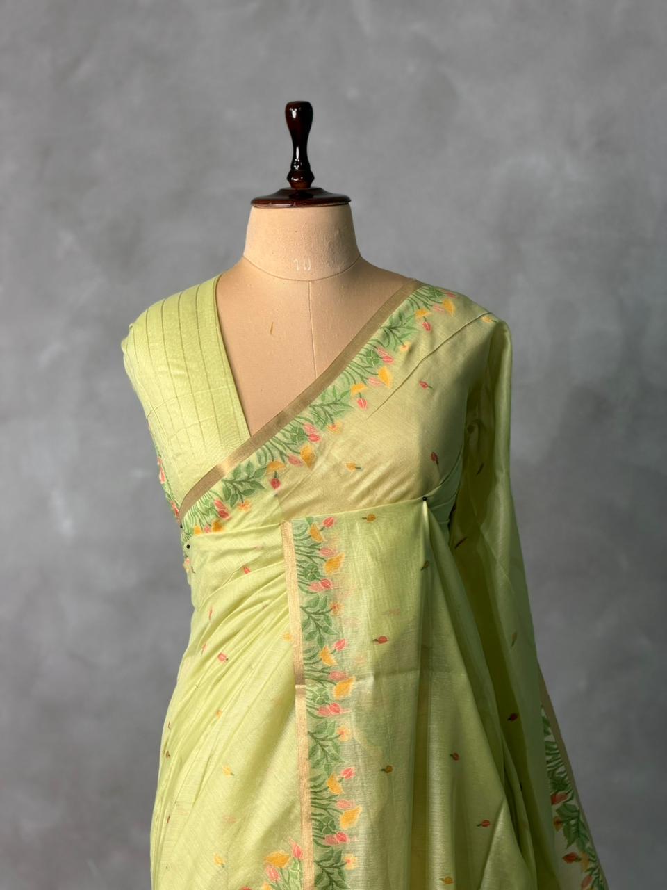 Green Jamdani Silk cotton saree- PBR4H1
