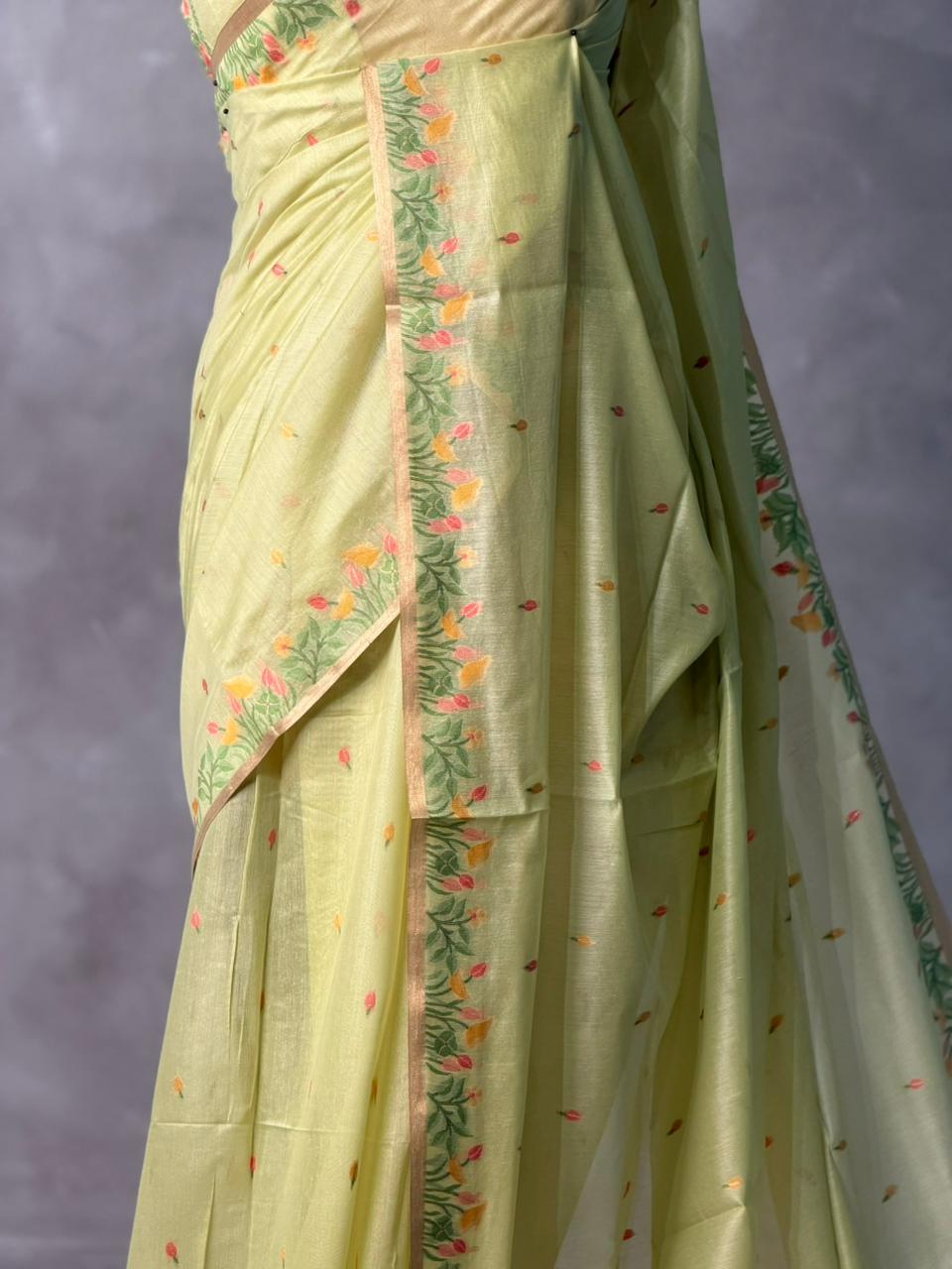 Green Jamdani Silk cotton saree- PBR4H1