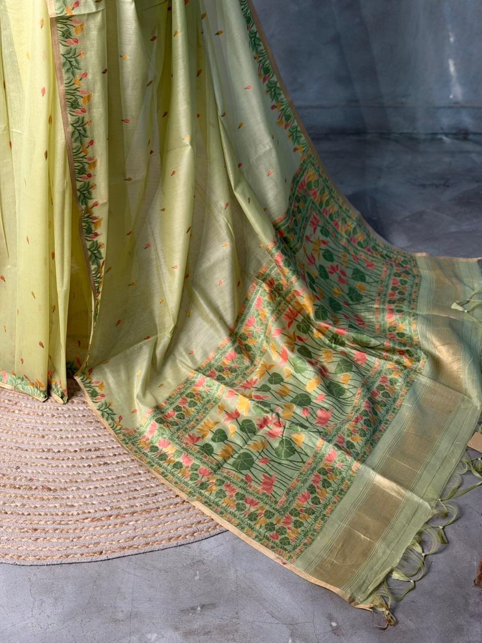 Green Jamdani Silk cotton saree- PBR4H1