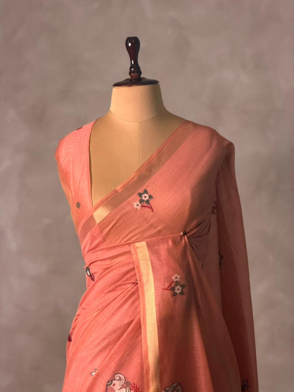 Peach Jamdani Silk cotton saree- PBR27
