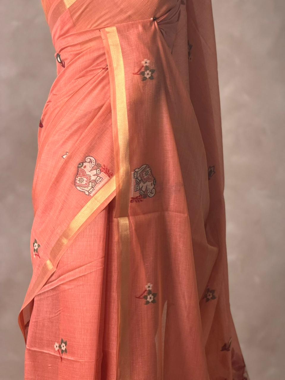 Peach Jamdani Silk cotton saree- PBR27
