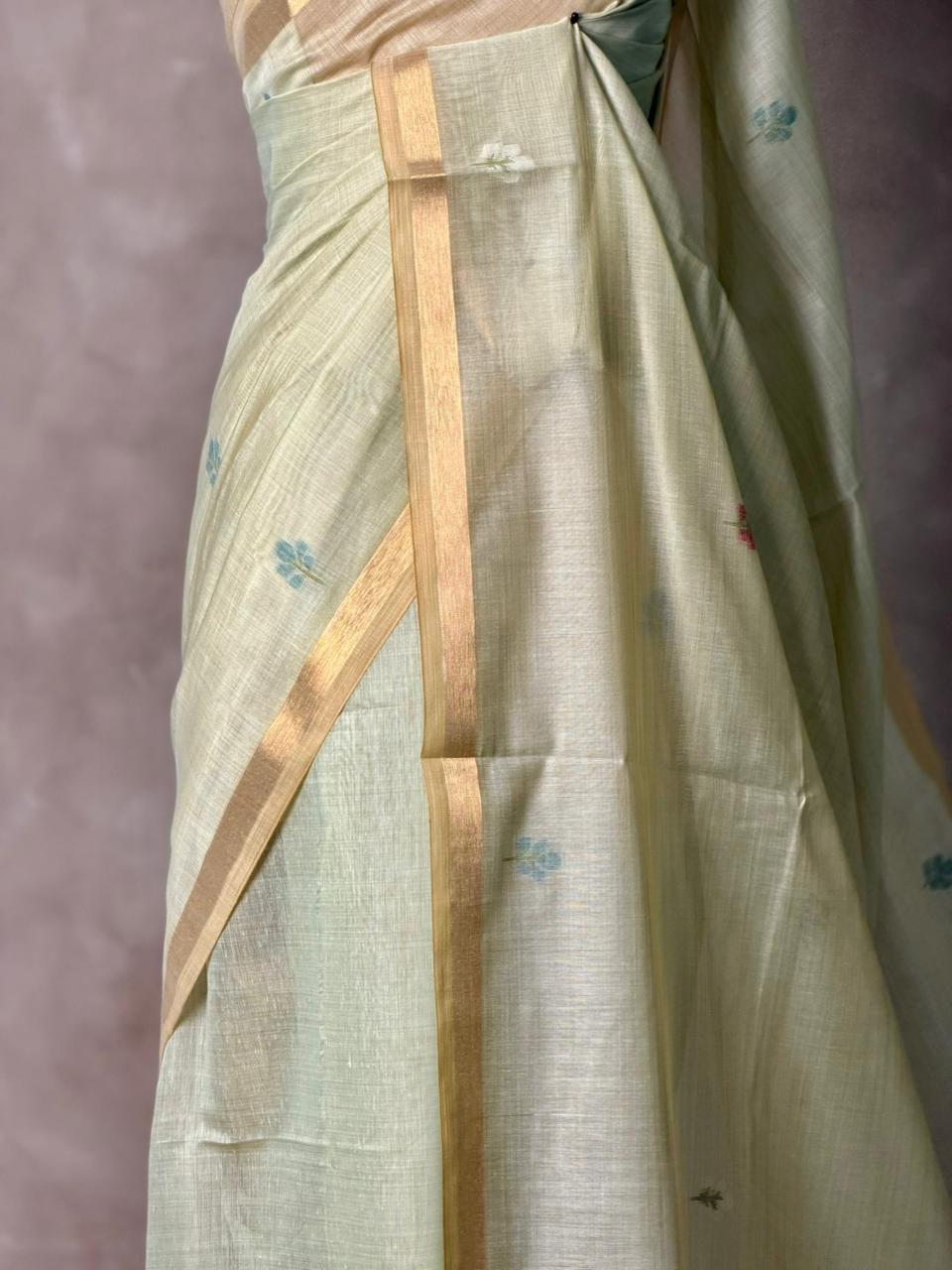 Pastal green Jamdani Silk cotton saree- PBR27C