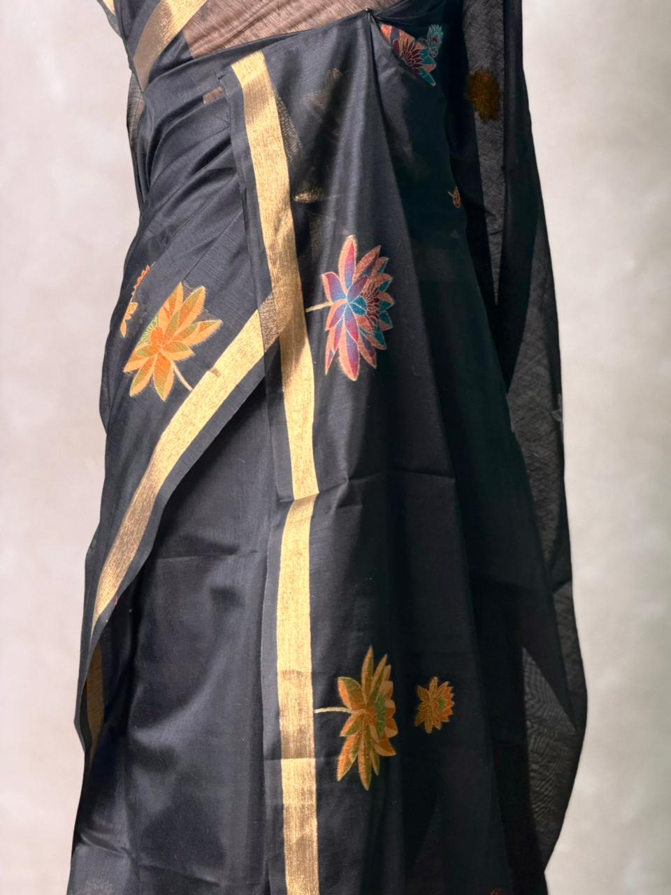 Black Jamdani Silk cotton saree- PBR27F