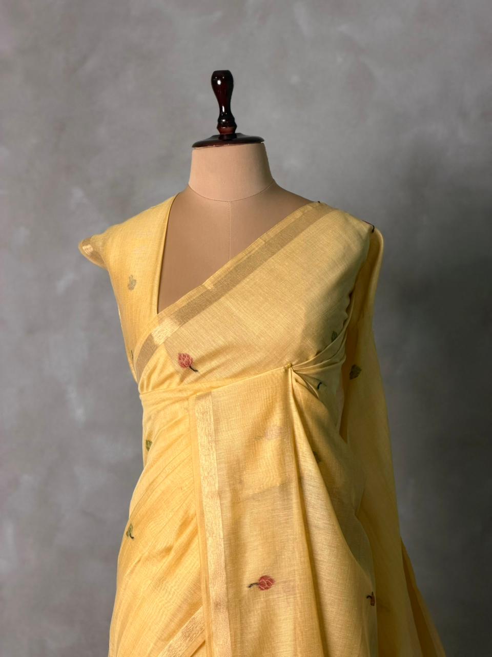 yellow Jamdani Silk cotton saree- PBR27E