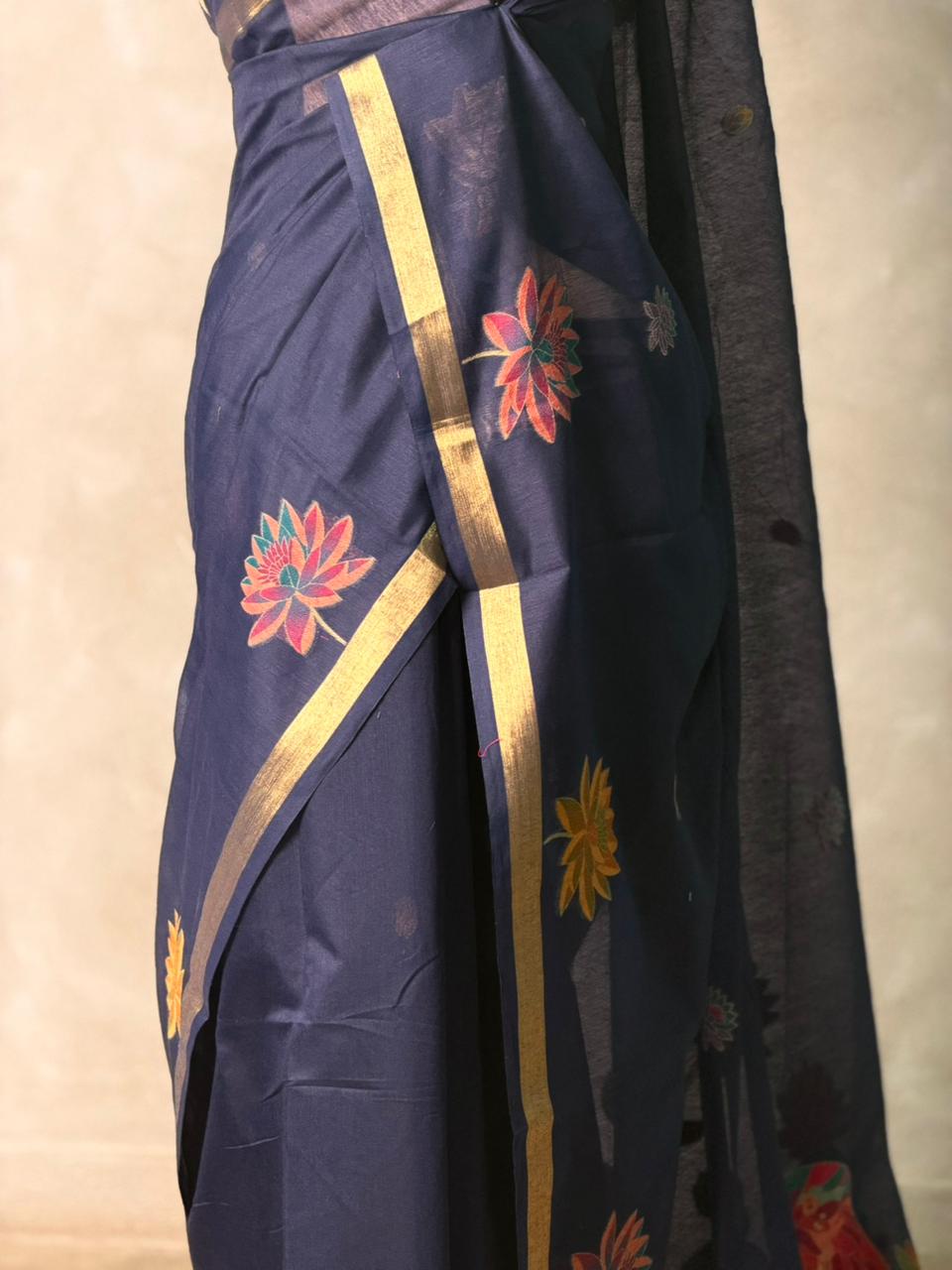 Navy BlueJamdani Silk cotton saree- PBR27G