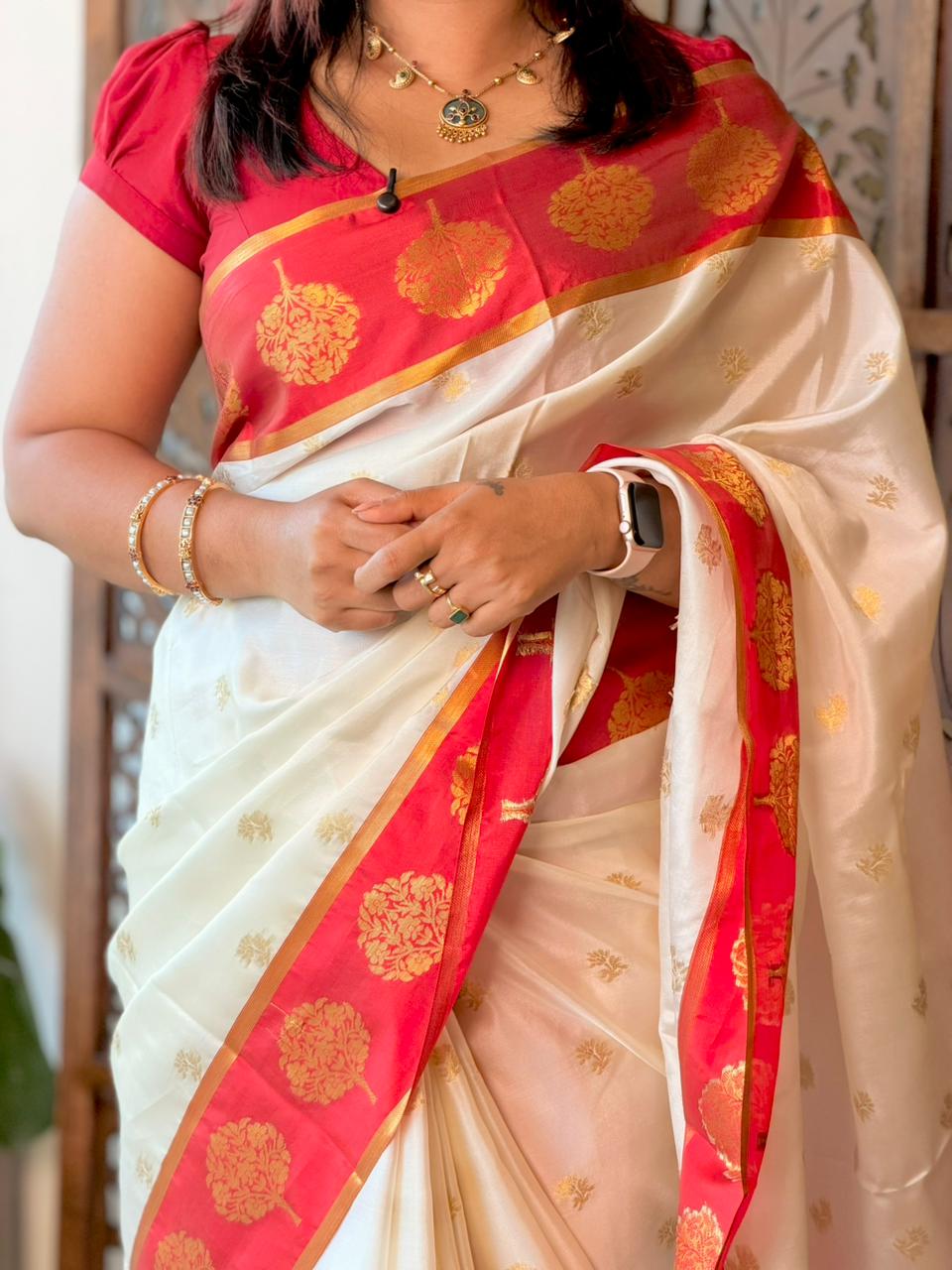 Off whit and Red Banarasi silk saree - ONAM26A