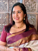 Off white and Deep Purple Banarasi silk saree - ONAM26B