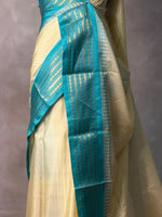 Cream and Blue semi silk saree - PIH88H