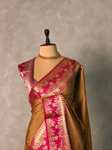 Mustard yellow and Magenta semi silk saree - PFAZ15