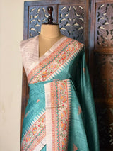 Aqua blue semi tusser saree- PBR31