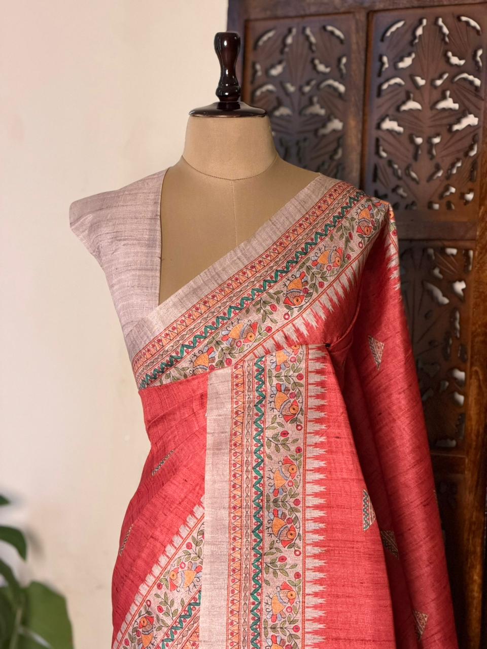 Dark peach semi tusser saree- PBR31D