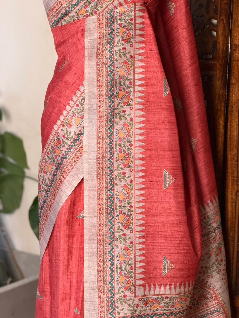 Dark peach semi tusser saree- PBR31D