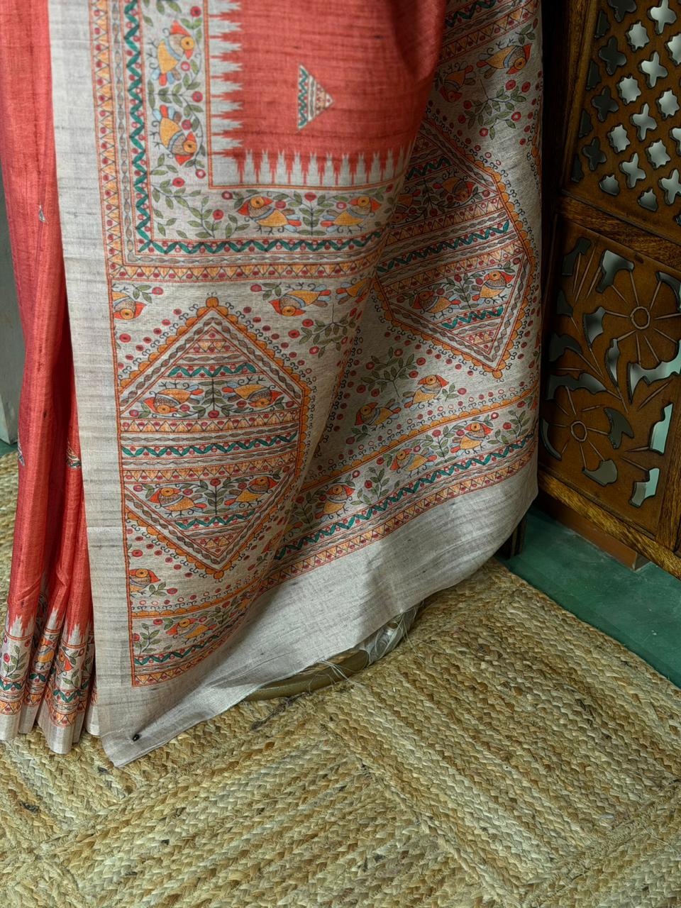 Dark peach semi tusser saree- PBR31D