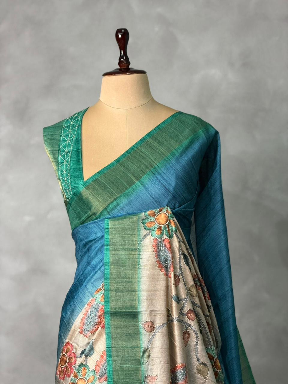Blue Tusser Silk saree- PBR33T