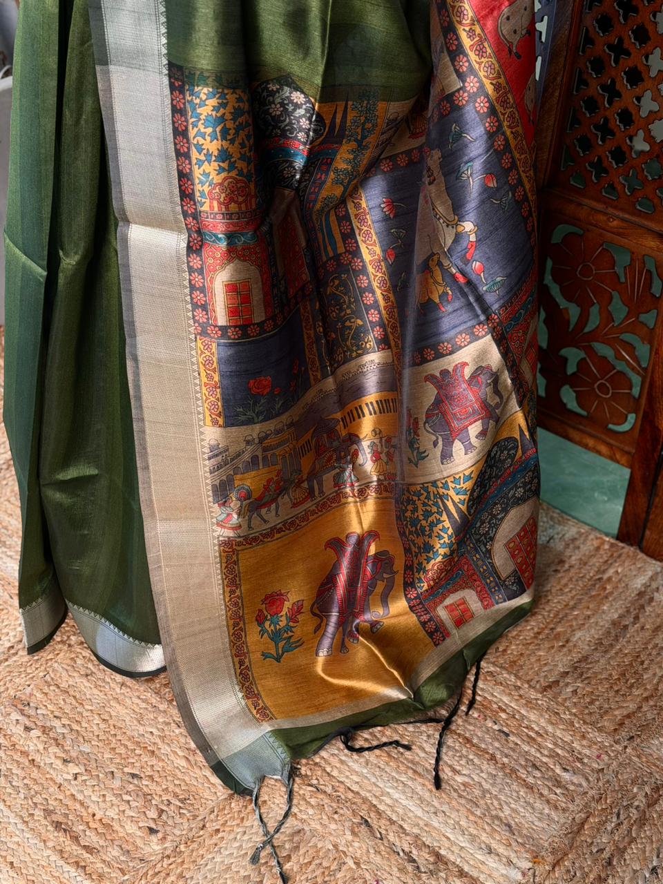 Olive Green semi tusser saree- PBR28E