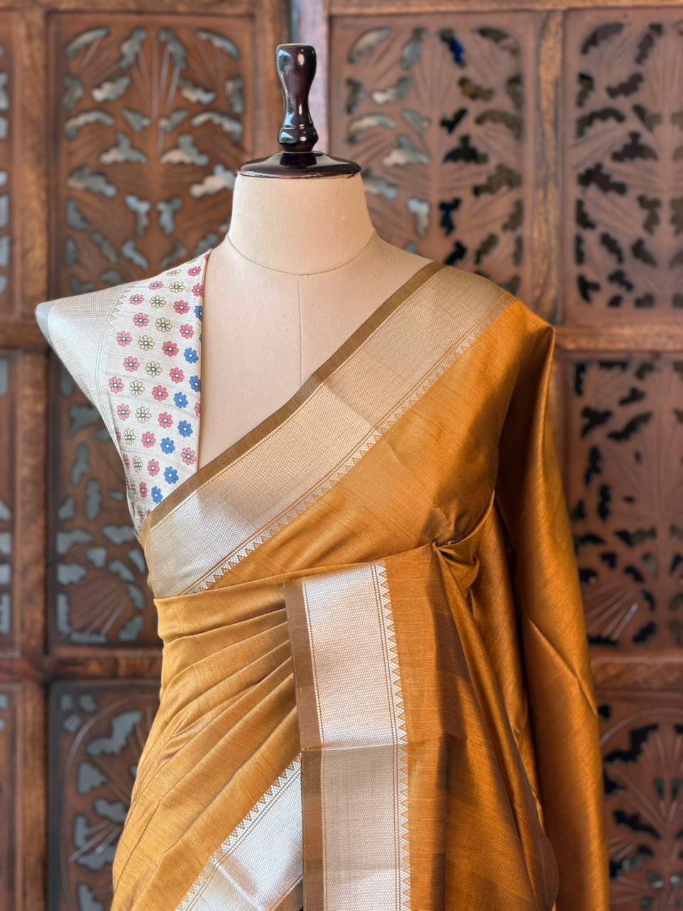 Mustard Yellow semi tusser saree- PBR28F