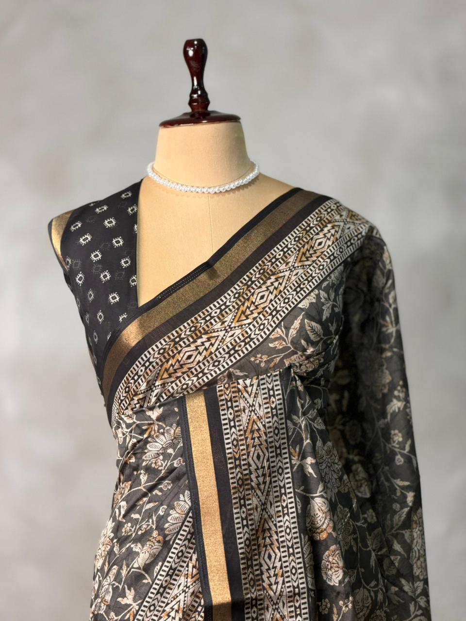 Black Chanderi silk cotton saree- PBR36G