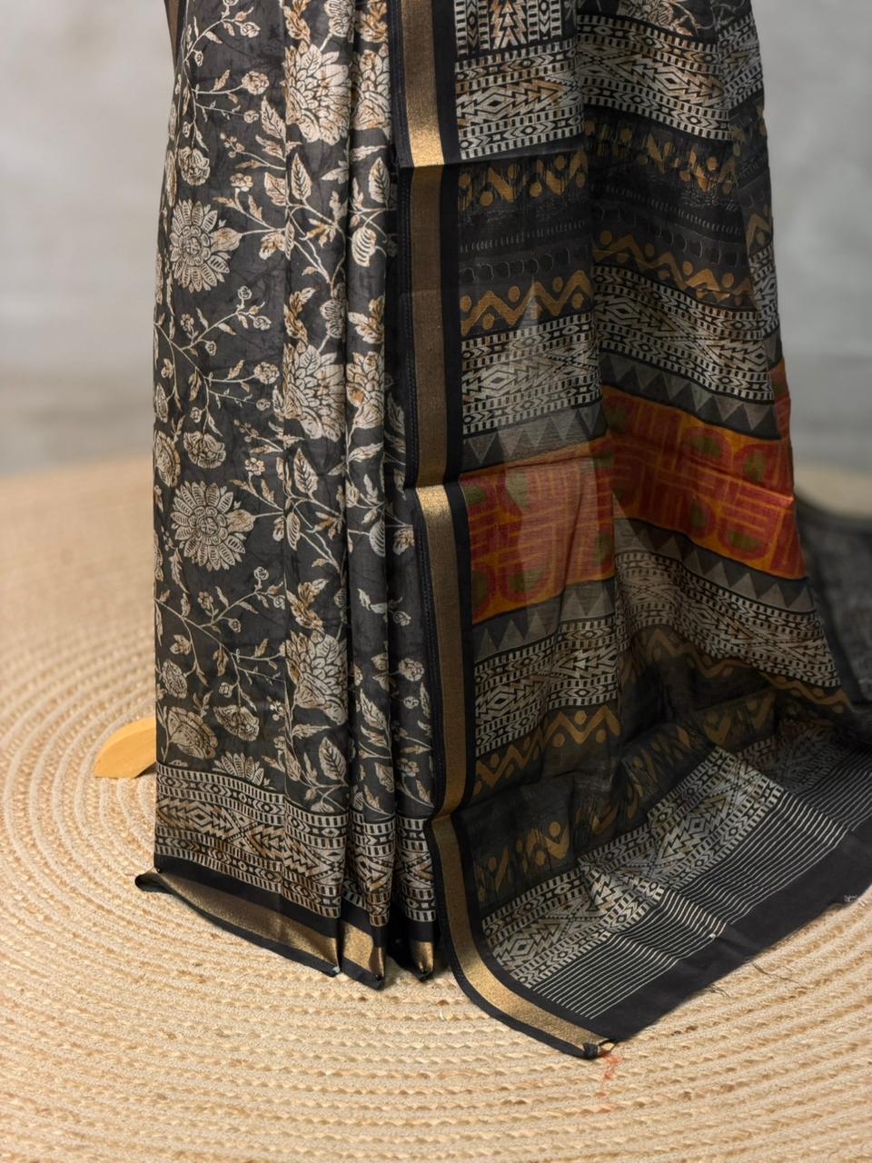 Black Chanderi silk cotton saree- PBR36G