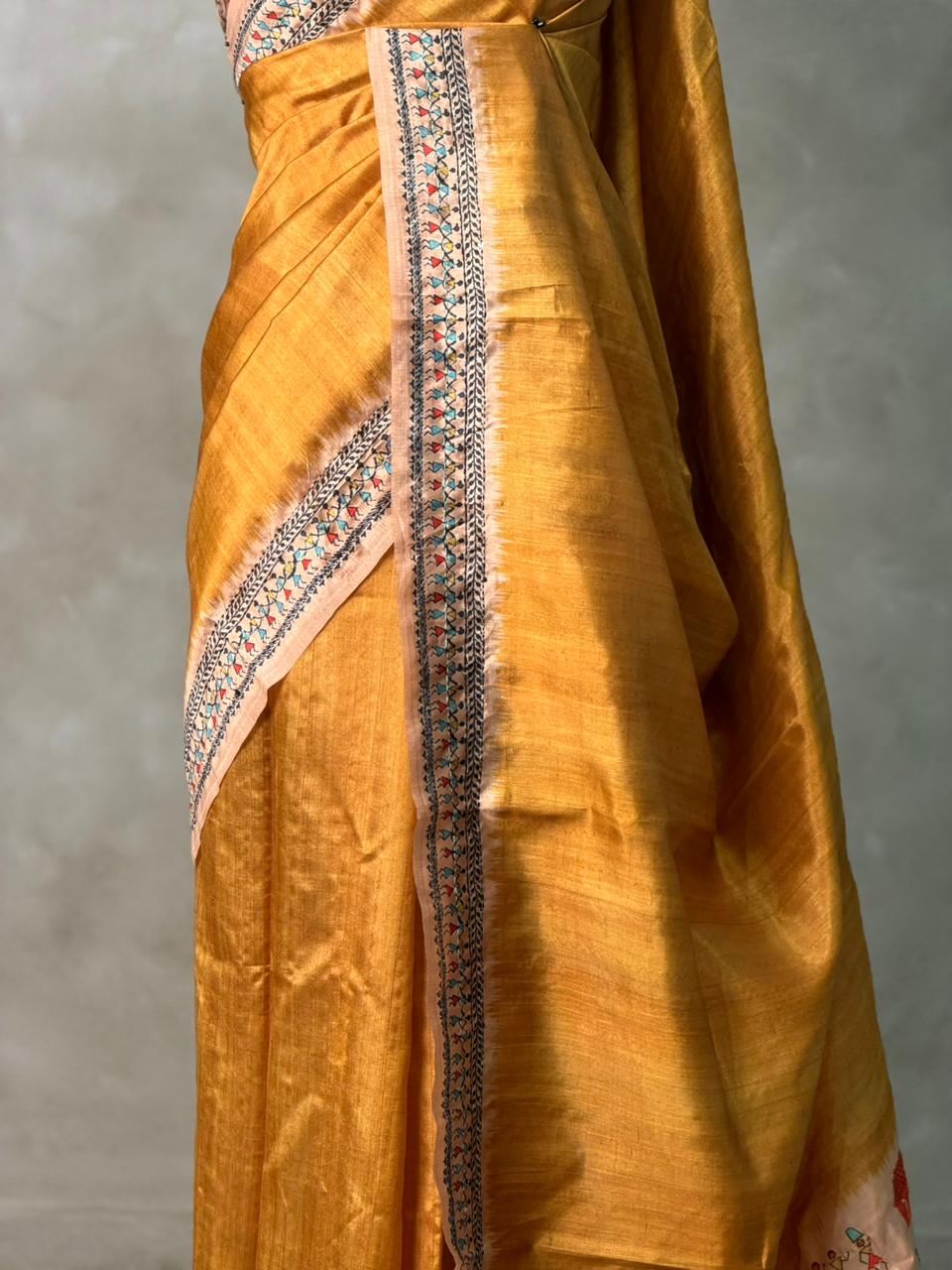 Mustard yellow Tusser Silk saree- PBR33T1