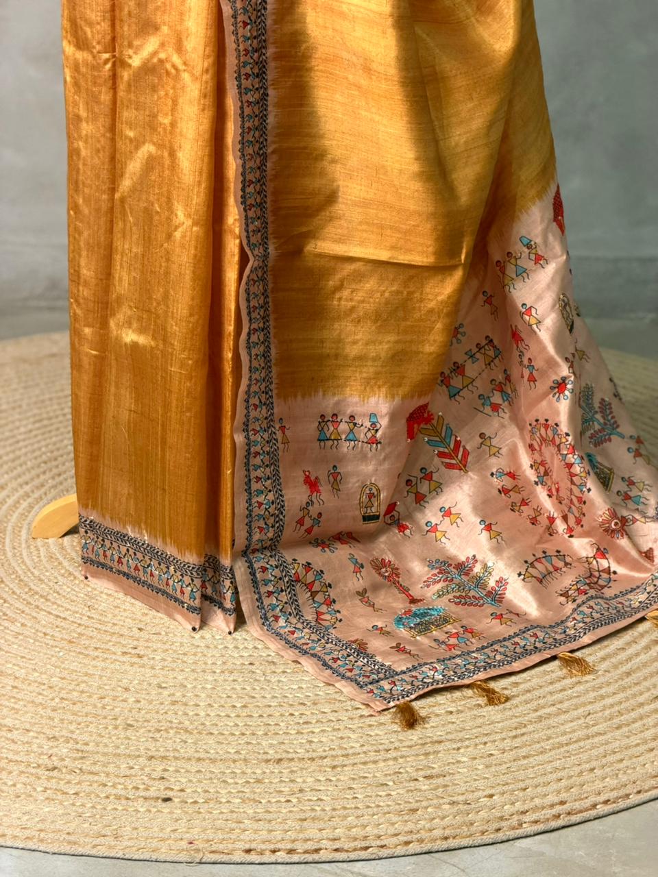 Mustard yellow Tusser Silk saree- PBR33T1