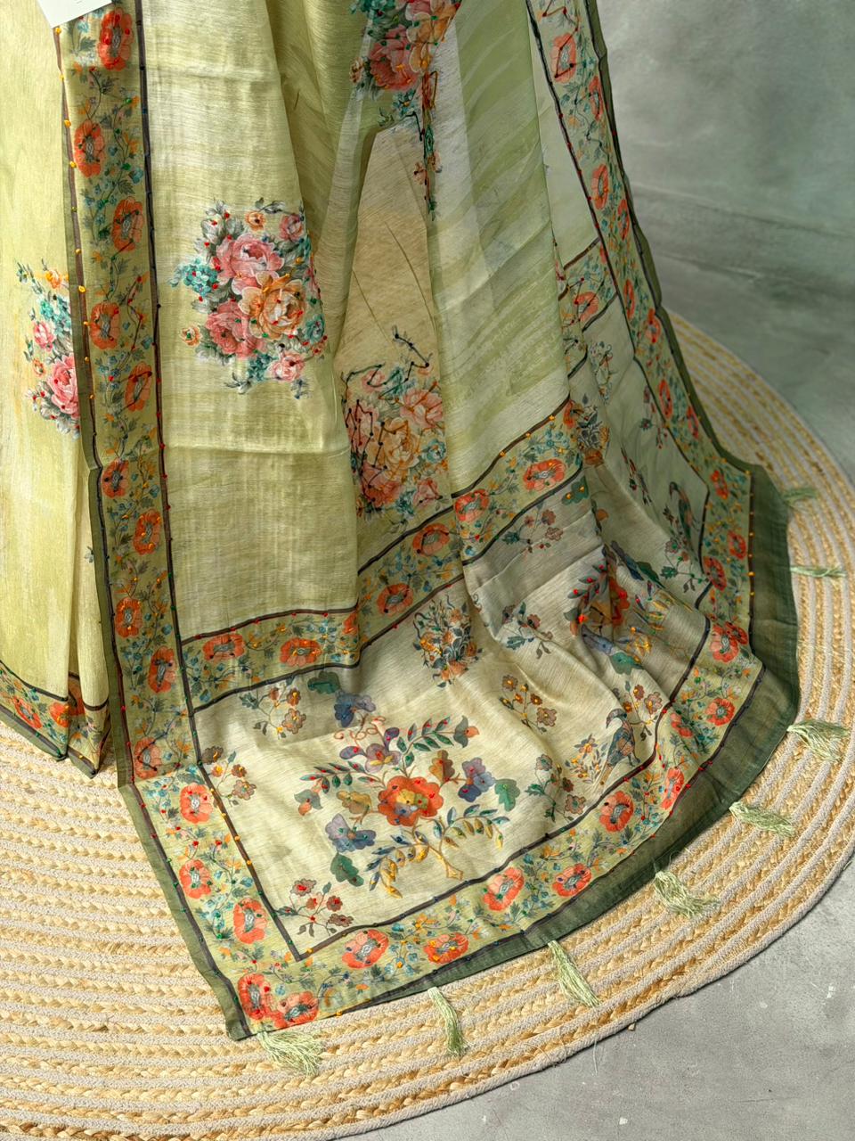 Pastal green mul chanderi saree- PBR26G1