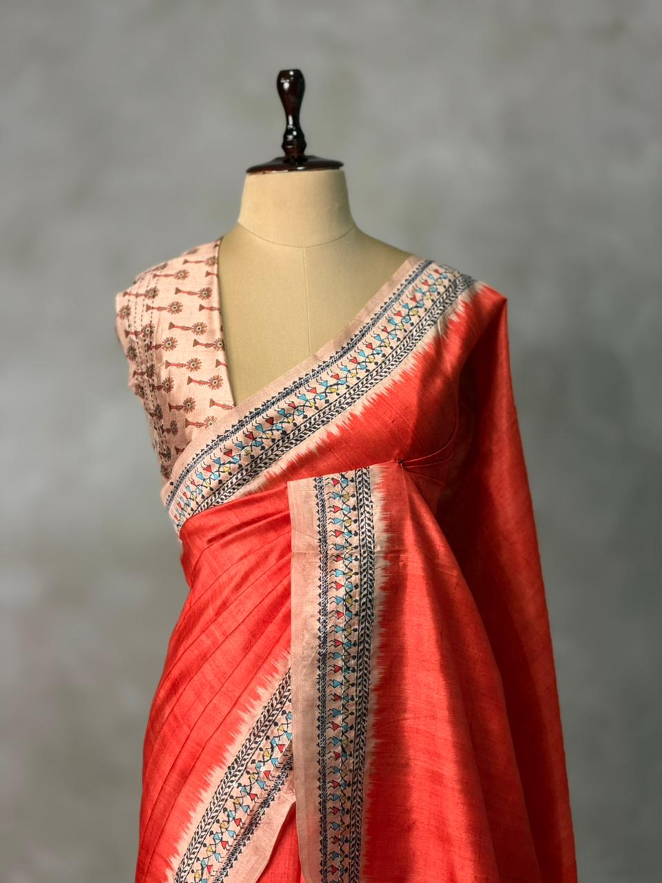 Orange Tusser Silk saree- PBR33T4