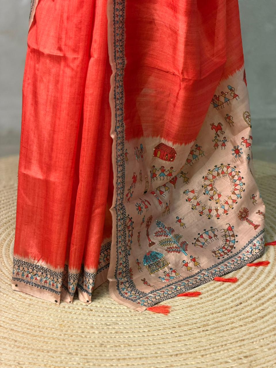 Orange Tusser Silk saree- PBR33T4