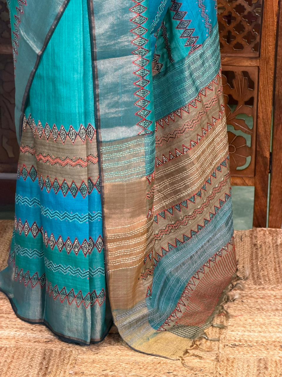 Blue pure tusser silk saree- PBR42