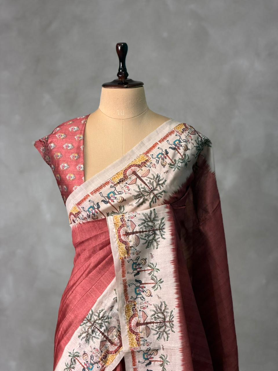 Brick shade Tusser Silk saree- PBR33T6