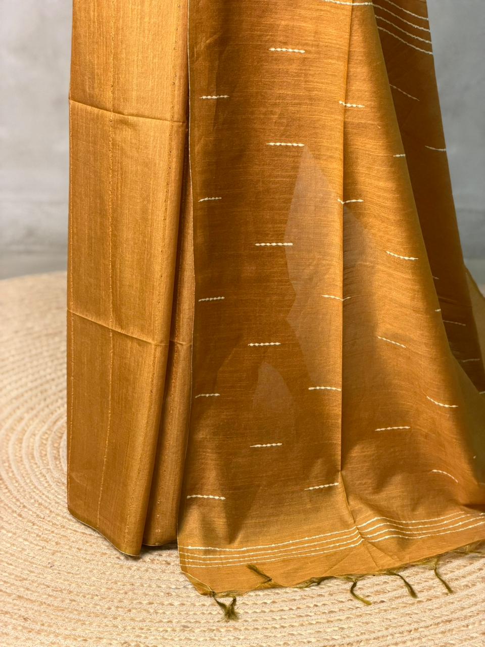 Mustard yellow Soft semi Tusser Silk saree- PBR33T18A