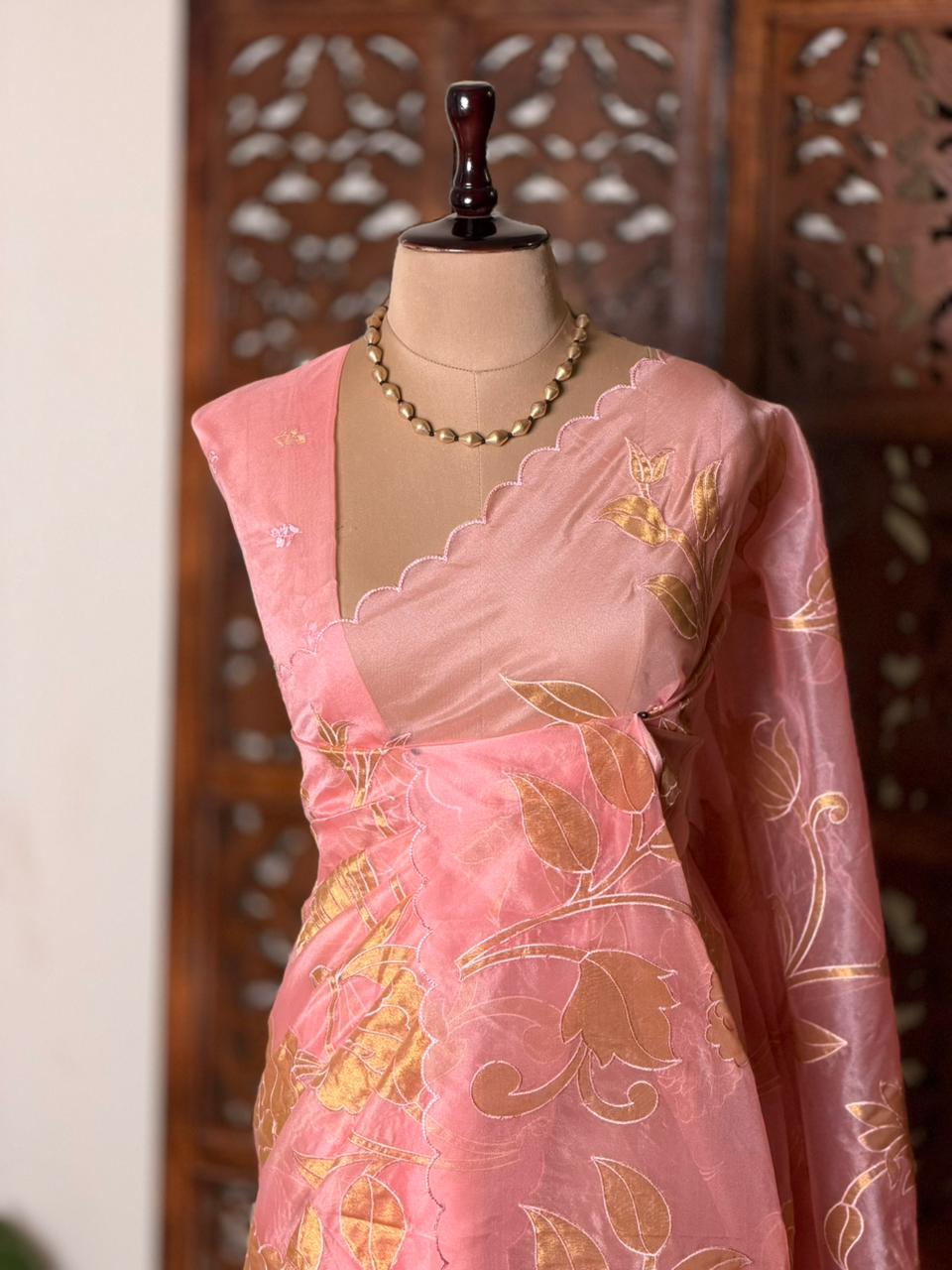 Peach and goldorganza silk saree- PBR43E