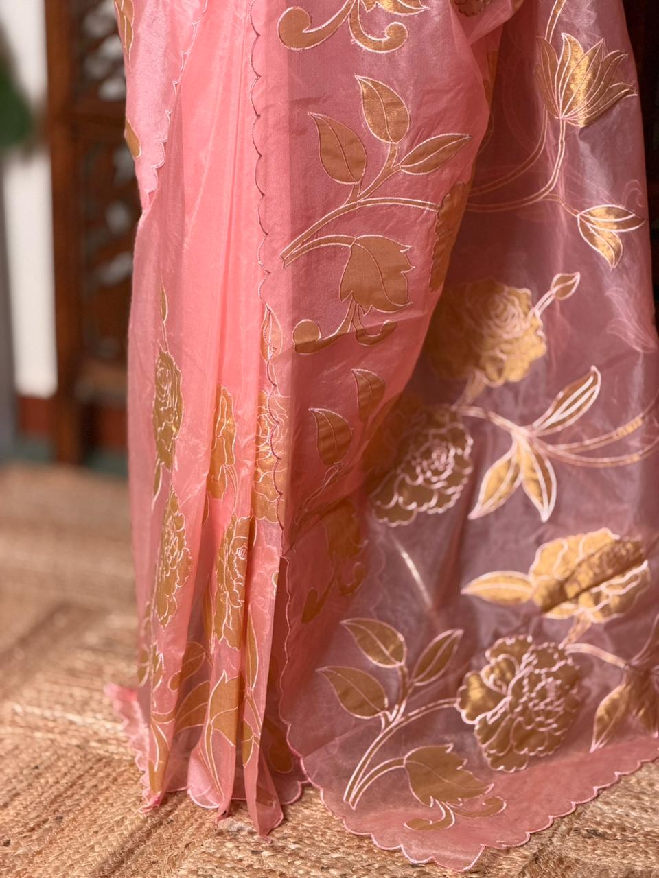 Peach and goldorganza silk saree- PBR43E