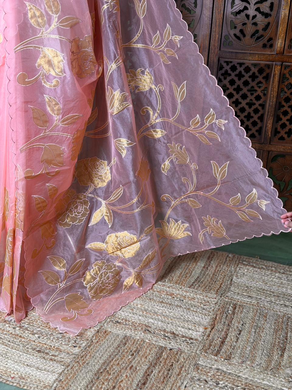 Peach and goldorganza silk saree- PBR43E