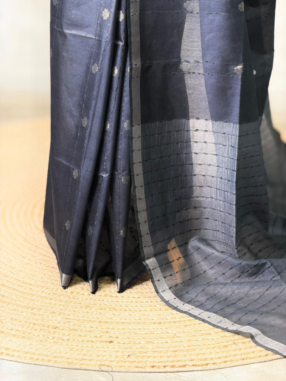 Navy blue Soft semi Tusser Silk saree- PBR33T18j