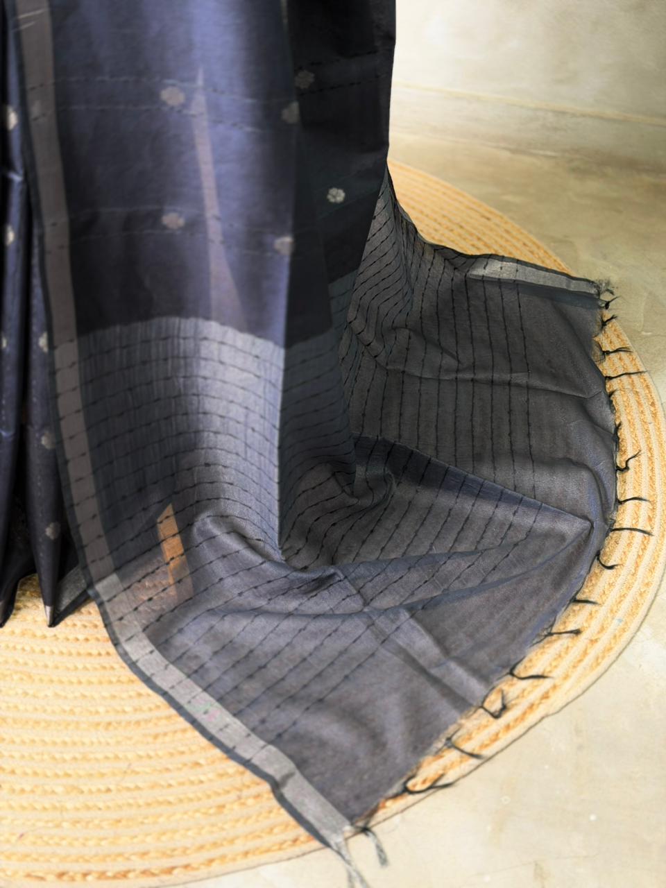 Navy blue Soft semi Tusser Silk saree- PBR33T18j
