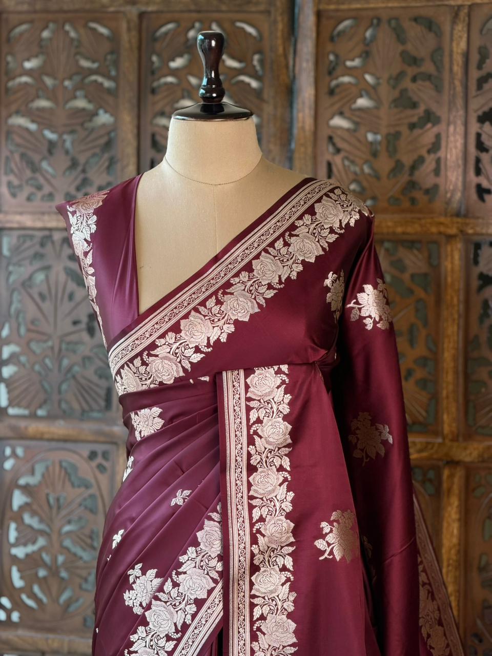 Deep maroon pure zatin Banarasi silk saree - RAZ1C