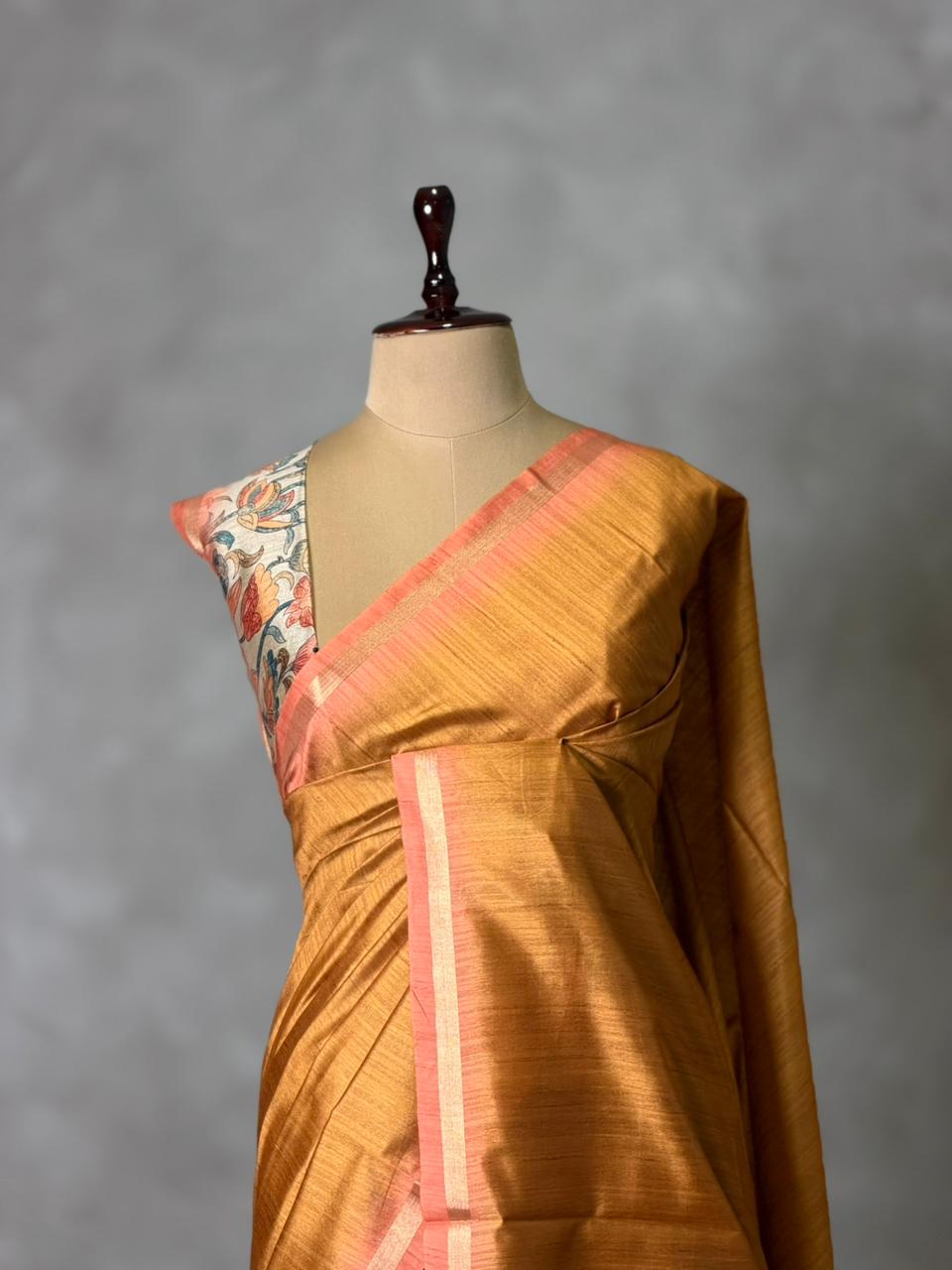 Mustard Yellow semi tusser saree- PBR28D4