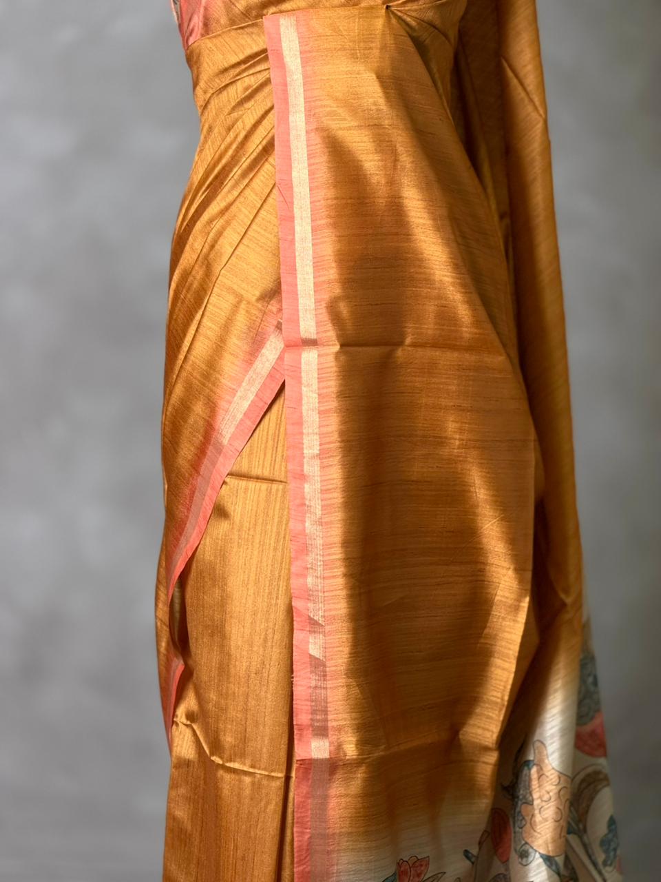 Mustard Yellow semi tusser saree- PBR28D4