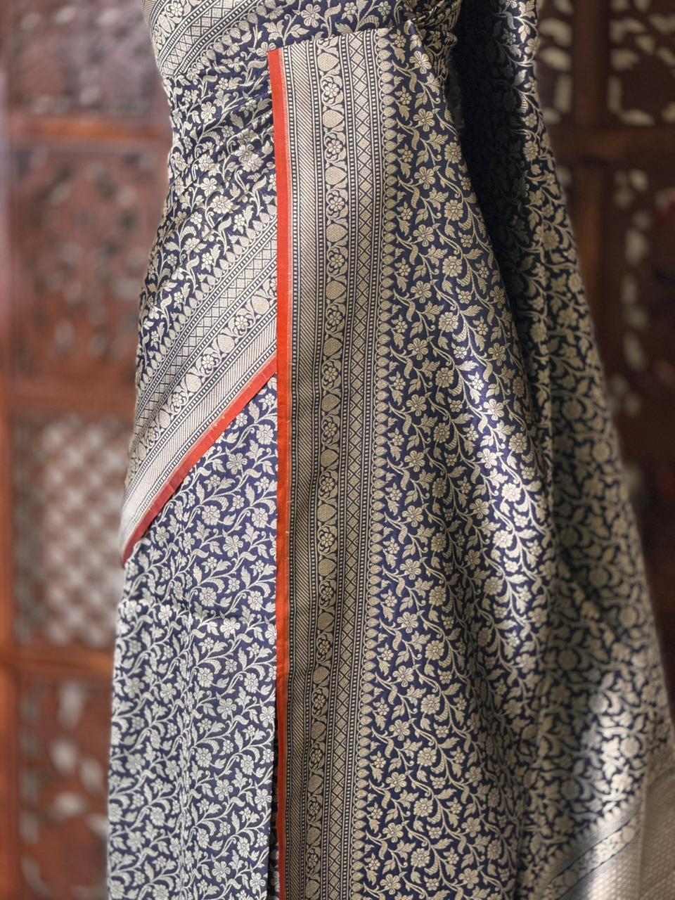 Deep blue Katan Banarasi silk saree - RAZ3D