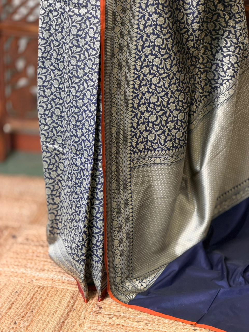 Deep blue Katan Banarasi silk saree - RAZ3D