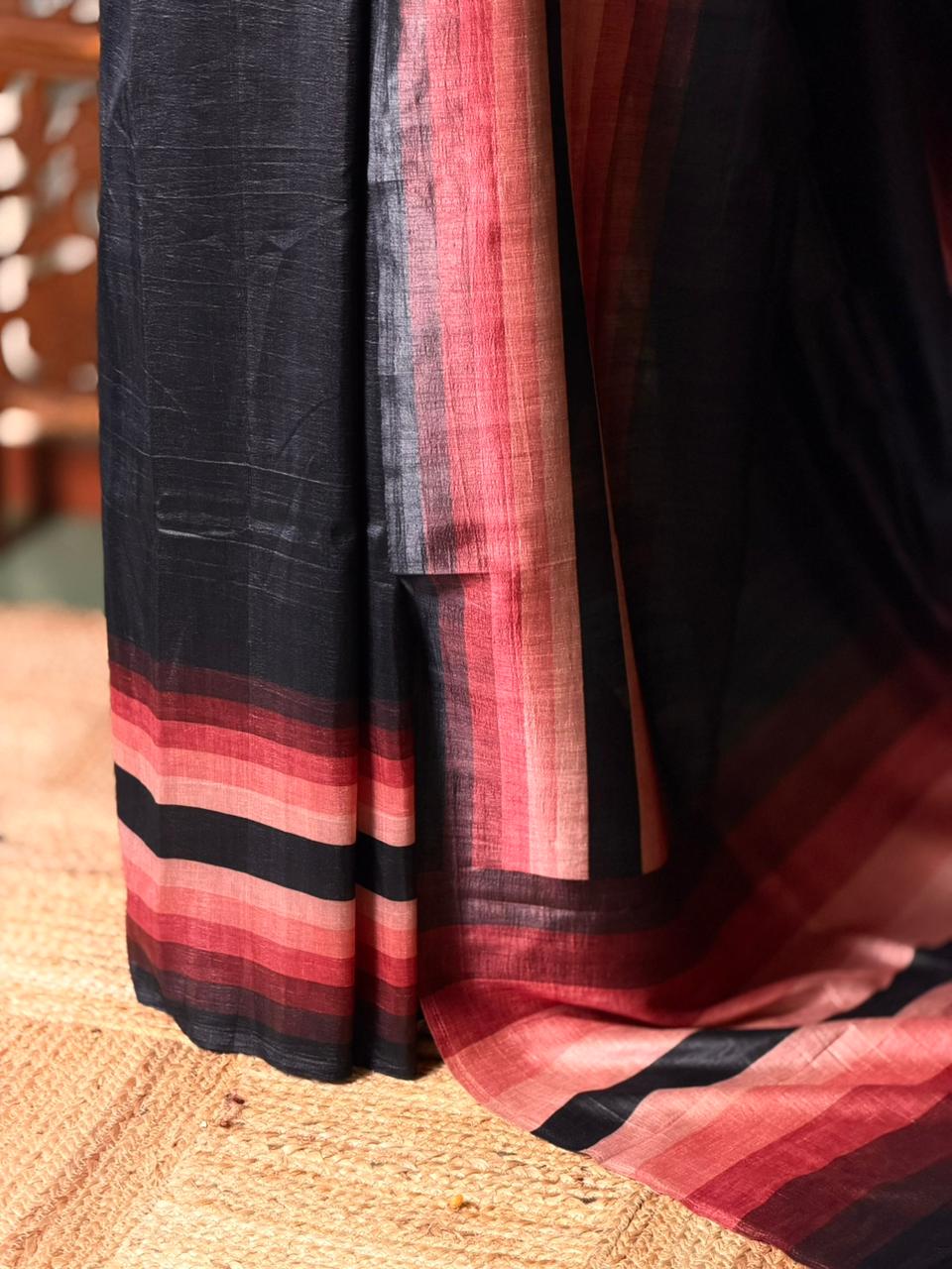 Black tusser silk saree- PBR44B